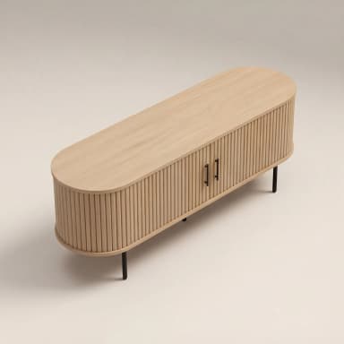 A modern low-profile media console or sideboard cabinet, featuring a natural light wood finish with a distinctive reeded facade, dark metal handles, and slender black metal legs. It has a rounded rectangular form and measures 160cm wide, 55cm high, and 40cm deep. — 3D model