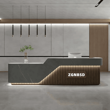 An L-shaped modern reception desk featuring a dark grey, marble-effect surface with rounded edges. The front facade incorporates vertical wooden slats, behind which integrated lighting casts a warm glow. The design transitions smoothly from the solid, imposing top to the textured, illuminated base, presenting a contemporary and sophisticated aesthetic suitable for a professional environment. — 3D model