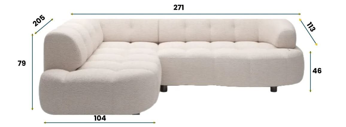 A modular L-shaped sectional sofa with a bouclé fabric upholstery. The sofa features a tufted design on the seat and back cushions, with rounded armrests and a low profile. It is supported by small, dark, cylindrical legs. — 3D model