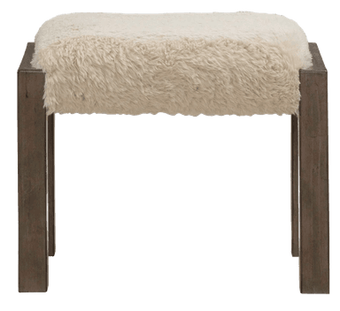 A rectangular bench featuring a plush, cream-colored faux fur upholstered top and a sturdy base constructed from four dark stained rectangular wooden legs. — 3D model