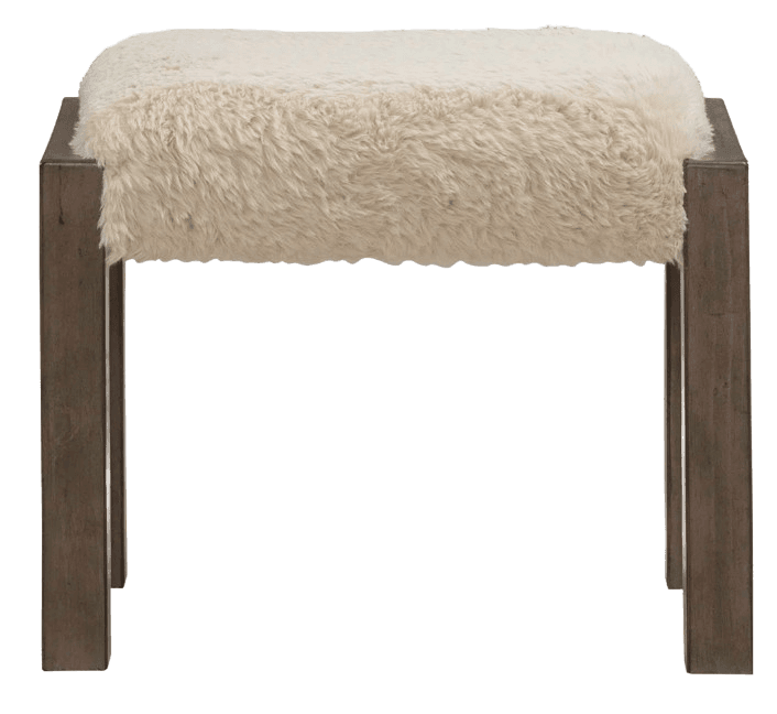 A rectangular bench featuring a plush, cream-colored faux fur upholstered top and a sturdy base constructed from four dark stained rectangular wooden legs. — 3D model