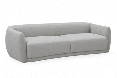 A modern two-seater loveseat upholstered in smooth gray leather, featuring a curved back and integrated armrests. The sofa has a sleek, low-profile design with no visible legs, and the seating consists of two plush, distinct cushions. — 3D model