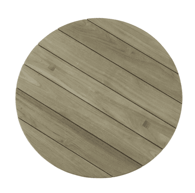 A round coffee table with a slatted top and a sturdy, minimalist base. The base consists of four legs connected by two horizontal beams. The overall design suggests outdoor use due to the material and style. — 3D model
