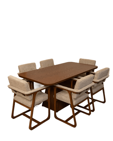 A complete mid-century modern dining set featuring a rectangular wooden table with rounded corners and six matching upholstered armchairs. The table has a substantial, sculptural base. The chairs feature light-colored, textured upholstery on the seat and back, complemented by a dark wood frame that forms integrated armrests and sled-style bases. — 3D model