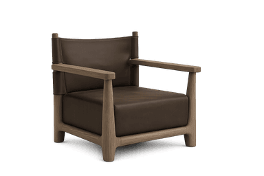 A modern armchair with a solid wood frame and leather upholstery. The frame is constructed from light-toned wood with visible grain. The seat and backrest are upholstered in a dark brown leather, with the backrest featuring a strapped design that wraps around the wooden uprights, secured by wooden cylindrical elements. The overall aesthetic blends natural materials with a contemporary design. — 3D model