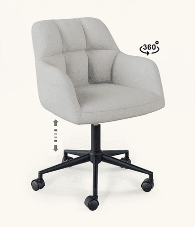 A light grey upholstered office chair featuring a bucket-style seat, integrated armrests, and a backrest with vertical channel tufting. It sits on a black five-star swivel base equipped with casters and has a visible lever for height adjustment. — 3D model