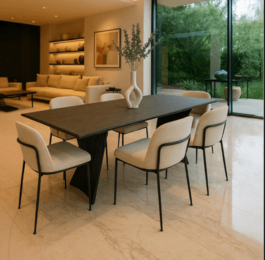A contemporary dining table featuring a rectangular, thin matte black tabletop supported by a distinctive sculptural base. The base consists of two angled, geometric pedestals, one of which incorporates a subtle slatted texture, all rendered in a cohesive matte black finish. — 3D model