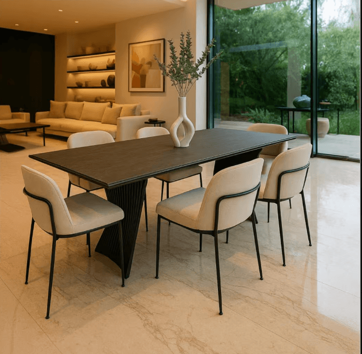 A contemporary dining table featuring a rectangular, thin matte black tabletop supported by a distinctive sculptural base. The base consists of two angled, geometric pedestals, one of which incorporates a subtle slatted texture, all rendered in a cohesive matte black finish. — 3D model