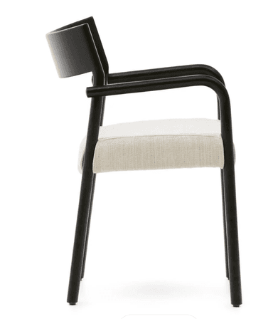 A contemporary armchair featuring a matte black tubular frame with integrated armrests and legs. The seat is an off-white or light beige upholstered cushion, and the backrest is a curved, solid black piece, possibly wood or molded plastic, attached to the rear legs. — 3D model