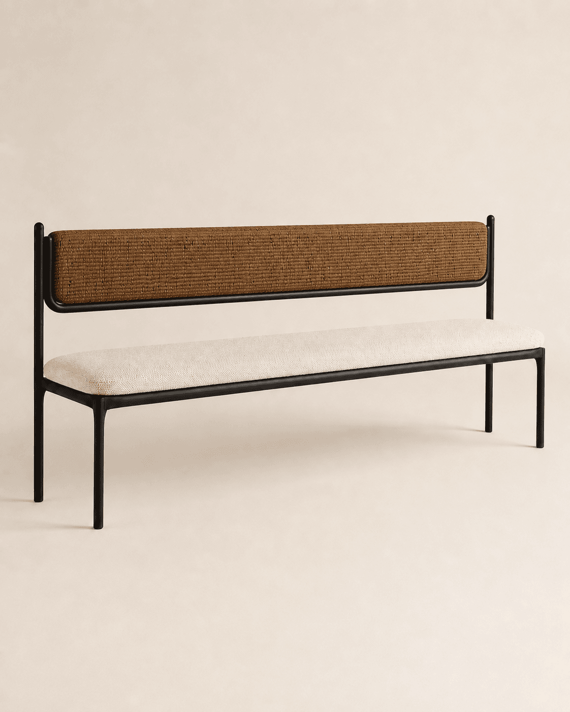 A modern bench featuring a minimalist black metal frame, an upholstered seat cushion in a light beige fabric, and a contrasting upholstered backrest in a textured brown fabric. The design is clean and contemporary, with slim lines. — 3D model