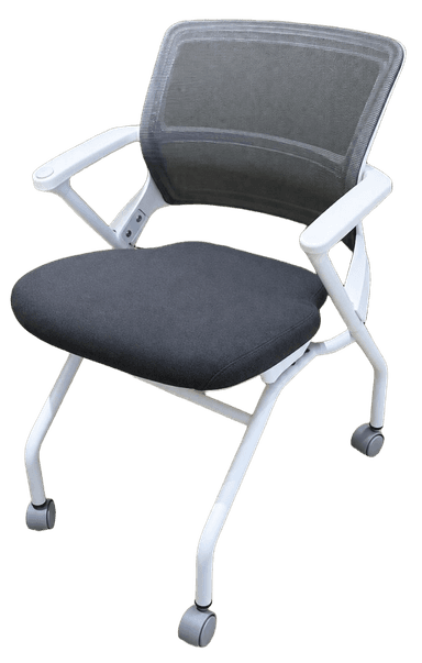 A modern office chair featuring an orange mesh backrest and a black fabric upholstered seat. It includes fixed black plastic armrests and a black tubular metal frame with four rolling casters for mobility. — 3D model