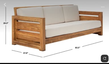 A three-seater sofa with a wooden frame and light-colored cushions. The frame appears to be constructed from solid wood planks with a visible grain pattern. The backrest and seat are upholstered with cushions. Dimensions are indicated as 29.3" in height, 37.0" in depth, and 83.5" in width. — 3D model