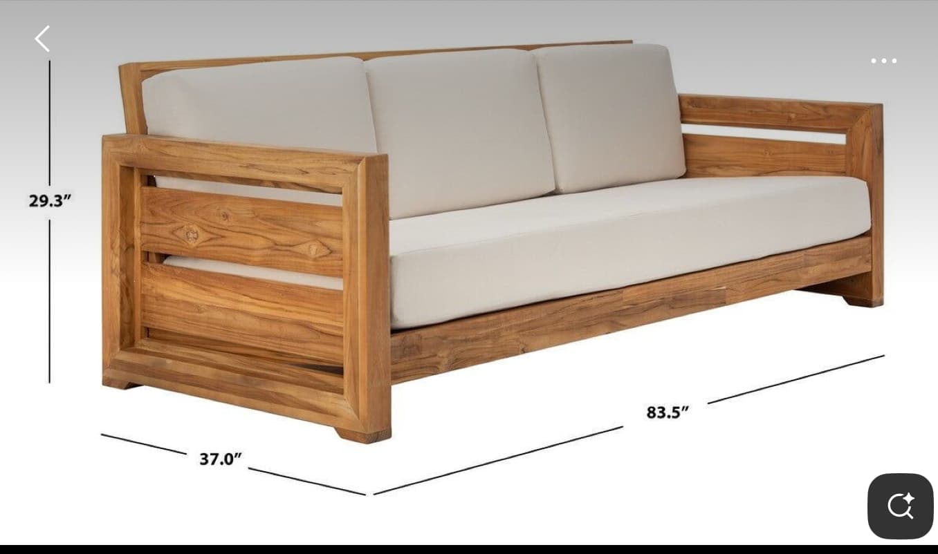 A three-seater sofa with a wooden frame and light-colored cushions. The frame appears to be constructed from solid wood planks with a visible grain pattern. The backrest and seat are upholstered with cushions. Dimensions are indicated as 29.3" in height, 37.0" in depth, and 83.5" in width. — 3D model