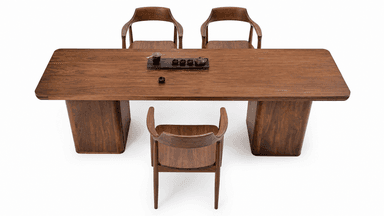 A rectangular dark wood bench featuring a thick top and two solid, slab-style legs, showcasing a minimalist design with visible wood grain and subtly rounded edges. — 3D model