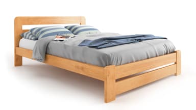 A modern platform bed frame crafted from light-toned solid wood, featuring a minimalist design with a slatted headboard and footboard. The frame is dressed with gray bedding, striped pillows, and a blue throw blanket. — 3D model