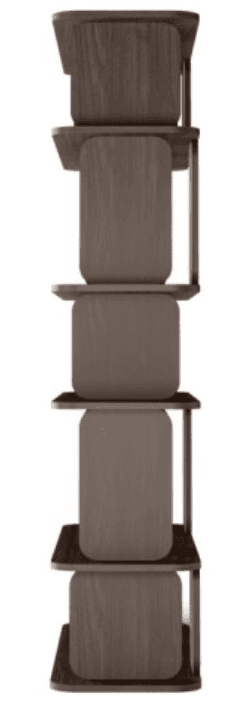 A modern, modular bookshelf constructed from dark-stained wood. It features multiple open shelves supported by vertical dividers, all characterized by soft, rounded edges. Some sections incorporate curved back panels that act as partial enclosures or stylistic dividers, creating varied display compartments within the grid-like structure. The design is sleek and contemporary. — 3D model