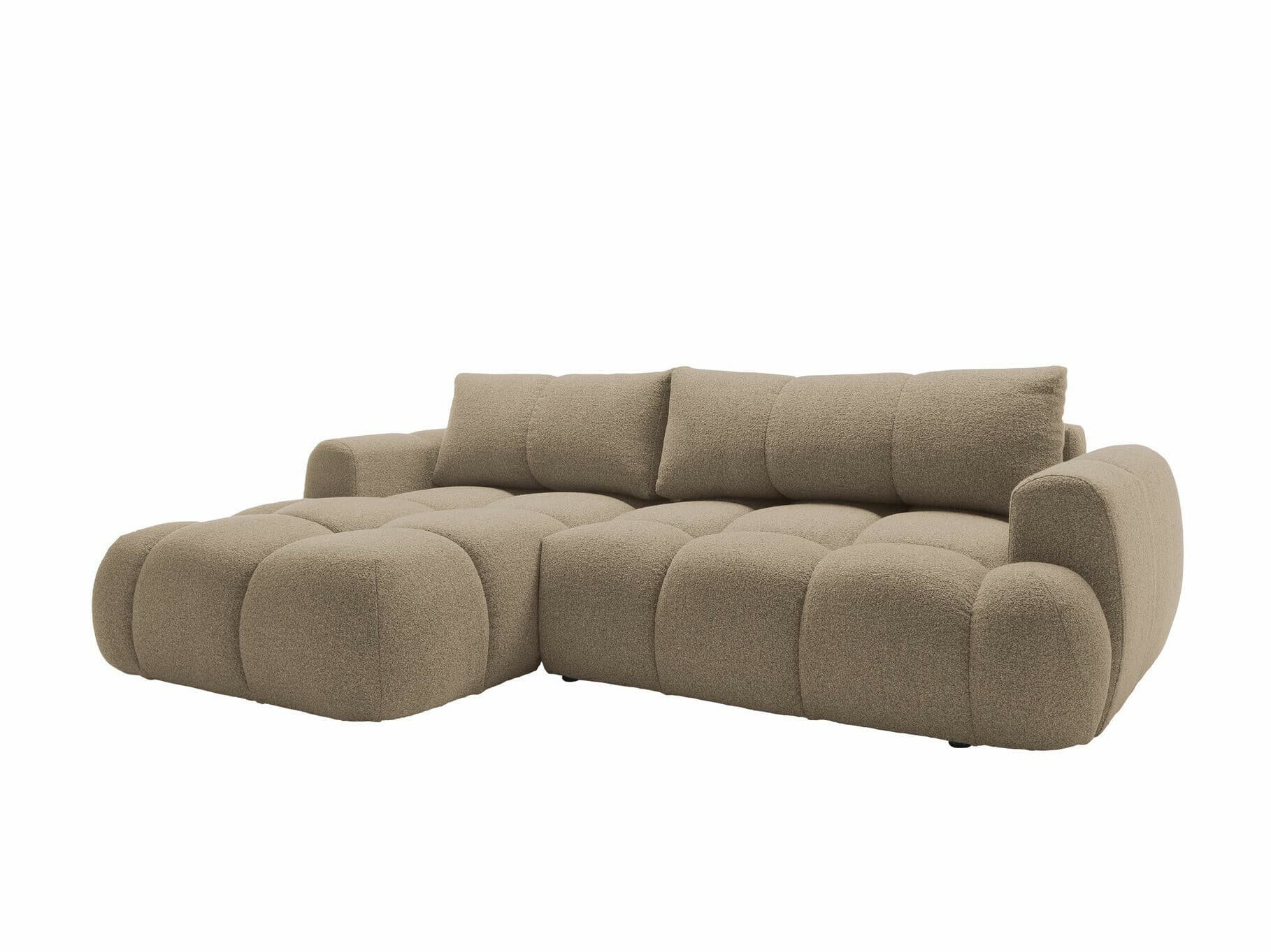 An L-shaped sectional sofa upholstered in a light brown, textured bouclé fabric. It features a modern, plush design with rounded, segmented cushions and integrated armrests, including a left-hand facing chaise extension. — 3D model