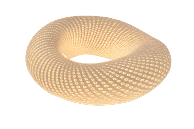 A sculptural, white, toroidal-shaped table lamp made from a ceramic-like material, featuring a textured, perforated surface that allows light to emanate from within. — 3D model