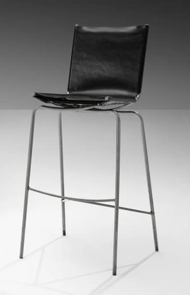 A bar stool with a black seat and backrest, supported by a thin, metallic frame with four legs connected by a crossbar for stability. The seat appears to be upholstered. — 3D model