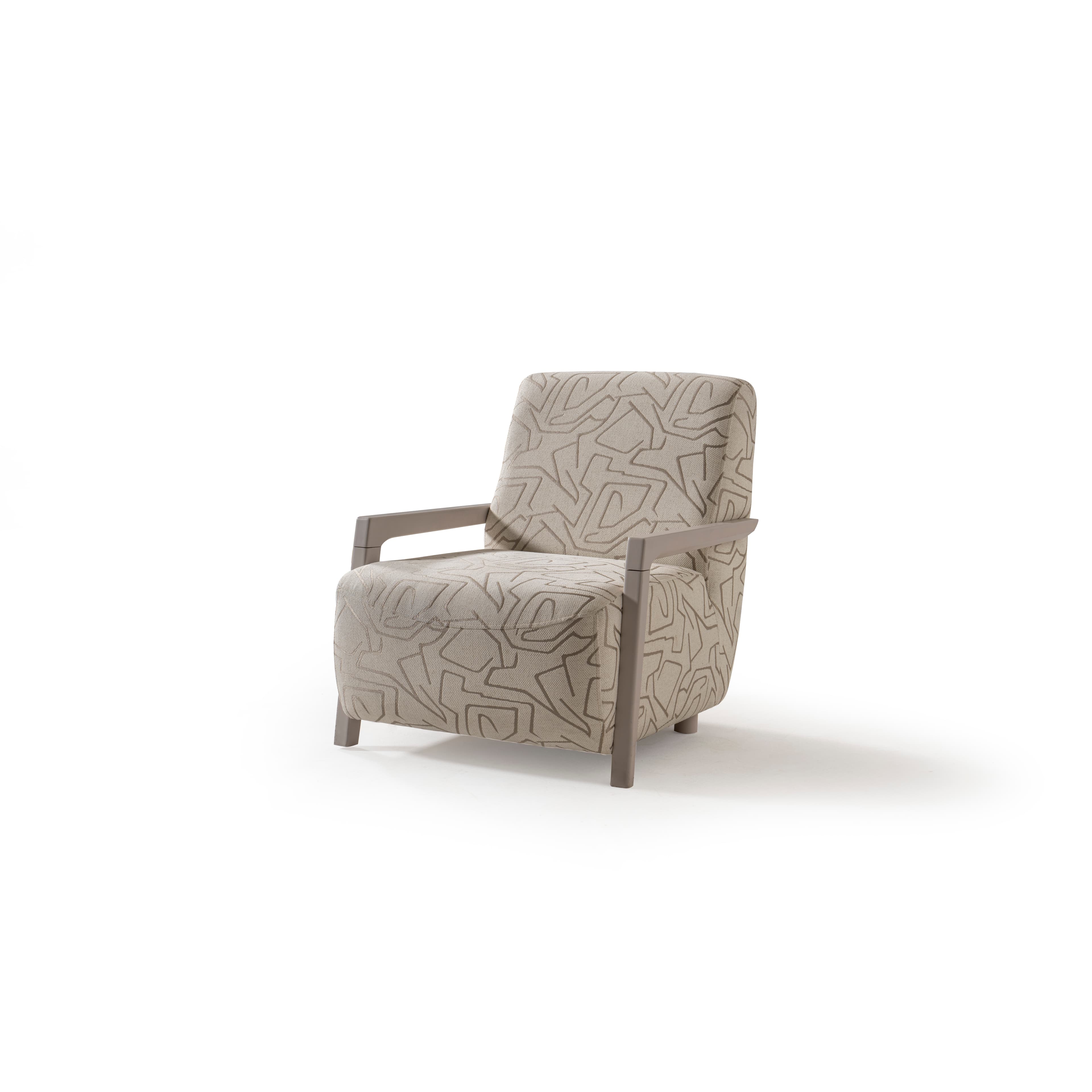 A single armchair with a high back and upholstered seat and backrest. The frame and armrests appear to be made of wood or a wood-like material. The upholstery features a geometric pattern in a light neutral tone with darker lines. — 3D model