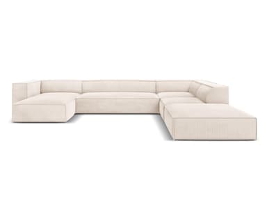 A modular sectional sofa with a U-shaped configuration. It features multiple seating modules and chaise lounges, upholstered in a light-colored, textured fabric. The design is contemporary with clean lines and prominent stitching detail along the edges. — 3D model