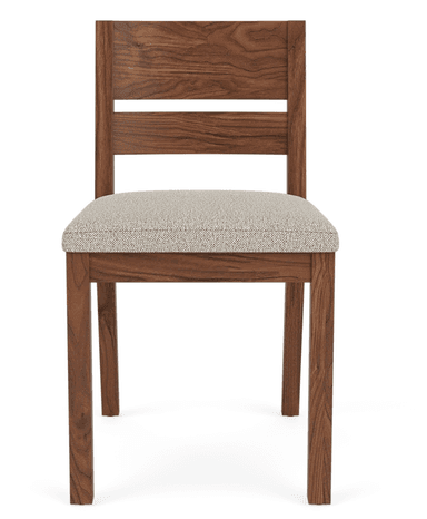 A modern dining chair constructed from walnut wood, featuring an upholstered seat in a light grey or beige fabric and a backrest with two horizontal slats. — 3D model