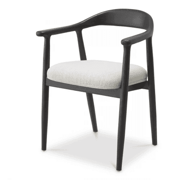 A modern armchair featuring a dark-stained solid wood frame with elegantly curved armrests and backrest, paired with a circular light beige upholstered seat cushion. The chair has rounded, tapered legs that splay slightly, giving it a stable yet refined appearance. — 3D model