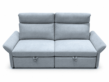 A light blue, contemporary three-seater sofa featuring plush upholstered cushions, integrated adjustable headrests, and rounded armrests, presented with a clean, solid base. — 3D model