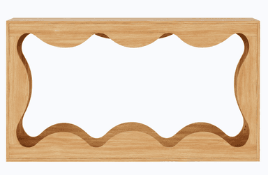 A wooden console table with a rectangular top and a lower shelf. Both the top and shelf feature a decorative, wavy edge design. The structure appears to be constructed from light-colored wood with a visible grain pattern. — 3D model