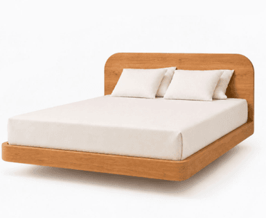 A modern platform bed crafted from light-toned wood, featuring an integrated headboard with smoothly rounded corners. The bed frame has a minimalist design, with the base appearing to float above the ground. It is presented with a light-colored mattress and pillows, suggesting a contemporary and serene aesthetic. — 3D model