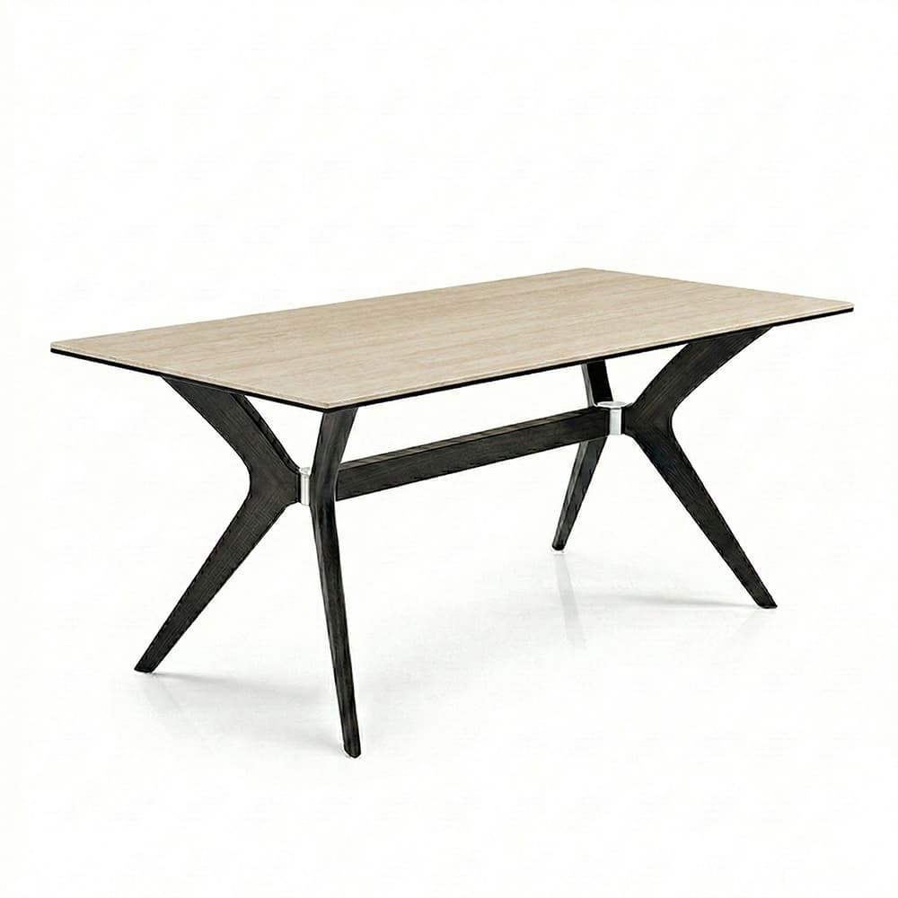 A rectangular dining table with a light-colored, wood-grain textured tabletop and a dark, sculptural base. The base consists of four legs that curve outwards and meet in the center, connected by a horizontal stretcher. The legs have a dynamic, almost abstract form, reminiscent of mid-century modern design, with polished metal accents at the points where the legs connect to the stretcher. — 3D model