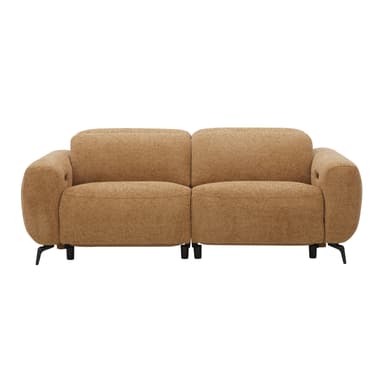 A contemporary two-seater sofa, also known as a loveseat, upholstered in a light brown or tan textured fabric. It features integrated electric reclining functionality with controls visible on the armrest. The design includes rounded armrests and back cushions, supported by sleek, angled black metal legs. — 3D model