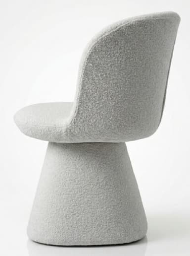 A modern upholstered chair featuring a single, tapered pedestal base and a curved, shell-like seat and backrest, entirely covered in a light gray boucle-style fabric. — 3D model