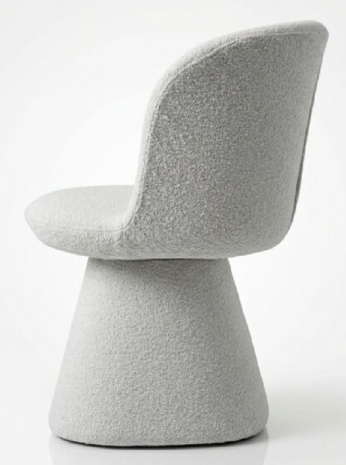 A modern upholstered chair featuring a single, tapered pedestal base and a curved, shell-like seat and backrest, entirely covered in a light gray boucle-style fabric. — 3D model