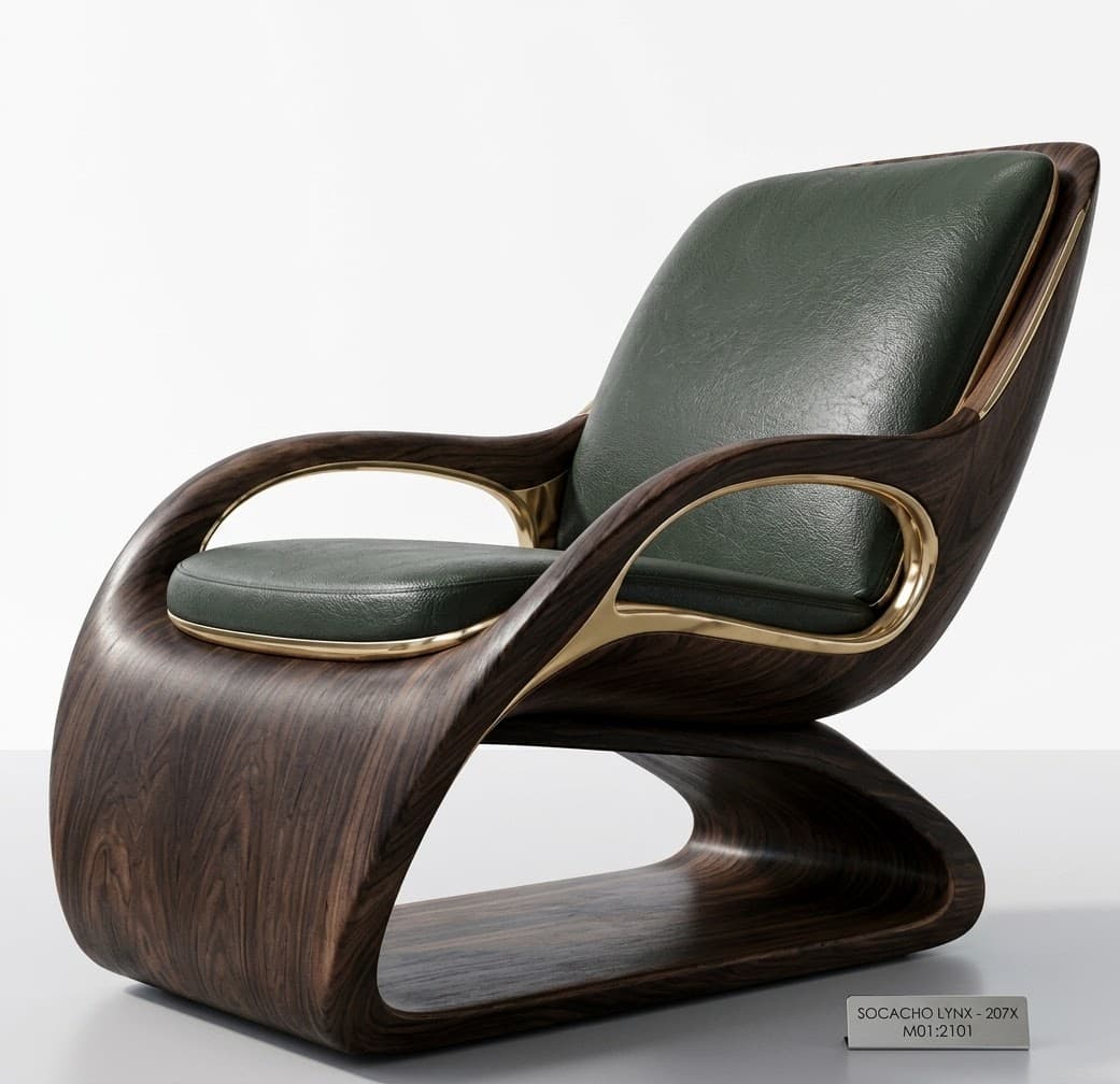 A sophisticated lounge chair featuring a continuous, sculptural dark wood frame that forms the base, arms, and back. The frame is accented with polished brass inserts that frame the plush dark green leather seat and back cushions. The overall design emphasizes fluid lines and a luxurious material combination. — 3D model
