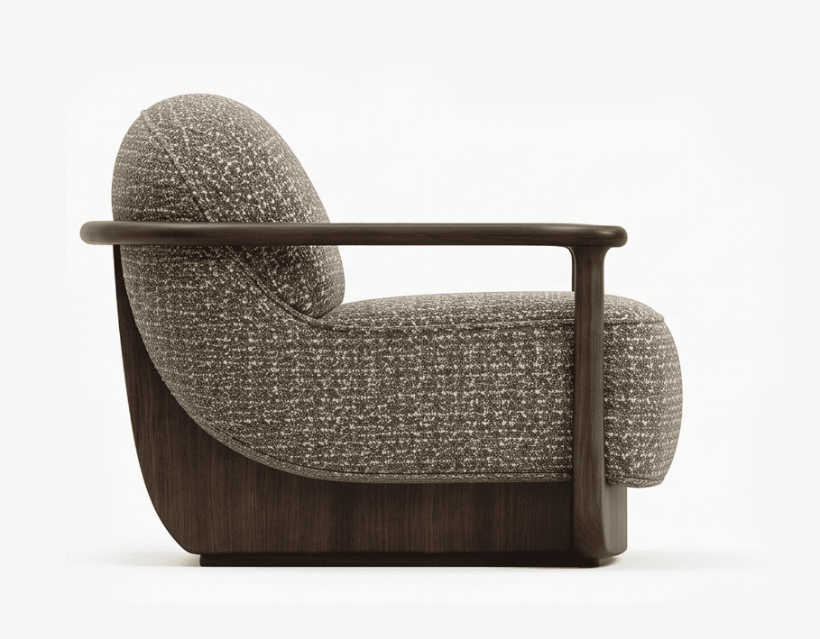 A side profile view of a contemporary lounge chair, showcasing a robust dark wood frame that elegantly cradles a plush, rounded, upholstered seat and backrest. The armrests are integral to the continuous, curved wooden structure, providing a cohesive and minimalist design. The upholstery features a speckled, textured fabric in shades of green, brown, and cream. — 3D model