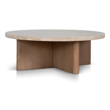 A round coffee table with a thick, light-colored stone top and a solid wooden base. The base features a cross-shaped pedestal with curved, rectangular supports that connect to the underside of the tabletop. — 3D model