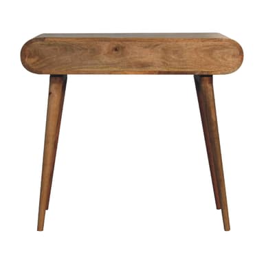 A narrow console table with a curved front edge and tapered legs. It appears to have a single drawer integrated into the top surface, indicated by a slight recess or handle. The design suggests a mid-century modern aesthetic. — 3D model