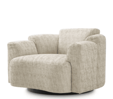 An upholstered armchair with a rounded, plush design and a visible swivel base, covered in a light, textured fabric. — 3D model