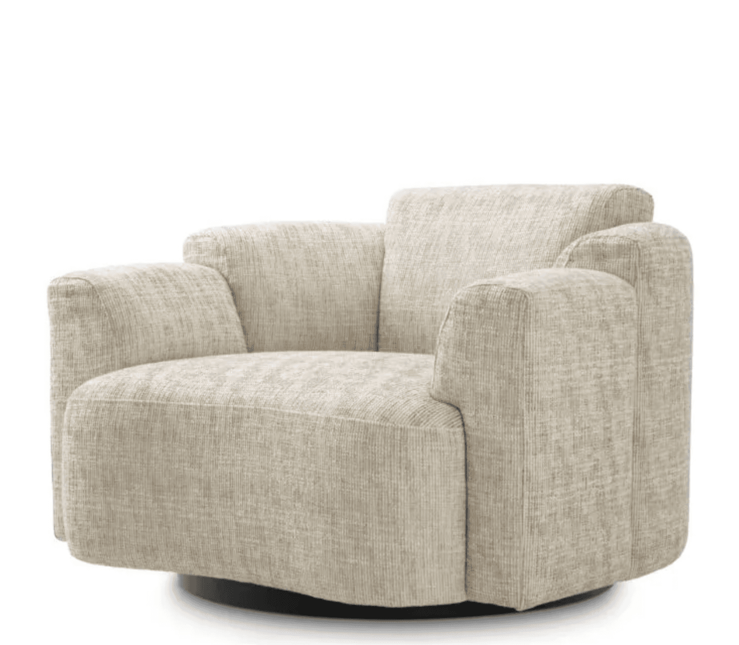 An upholstered armchair with a rounded, plush design and a visible swivel base, covered in a light, textured fabric. — 3D model
