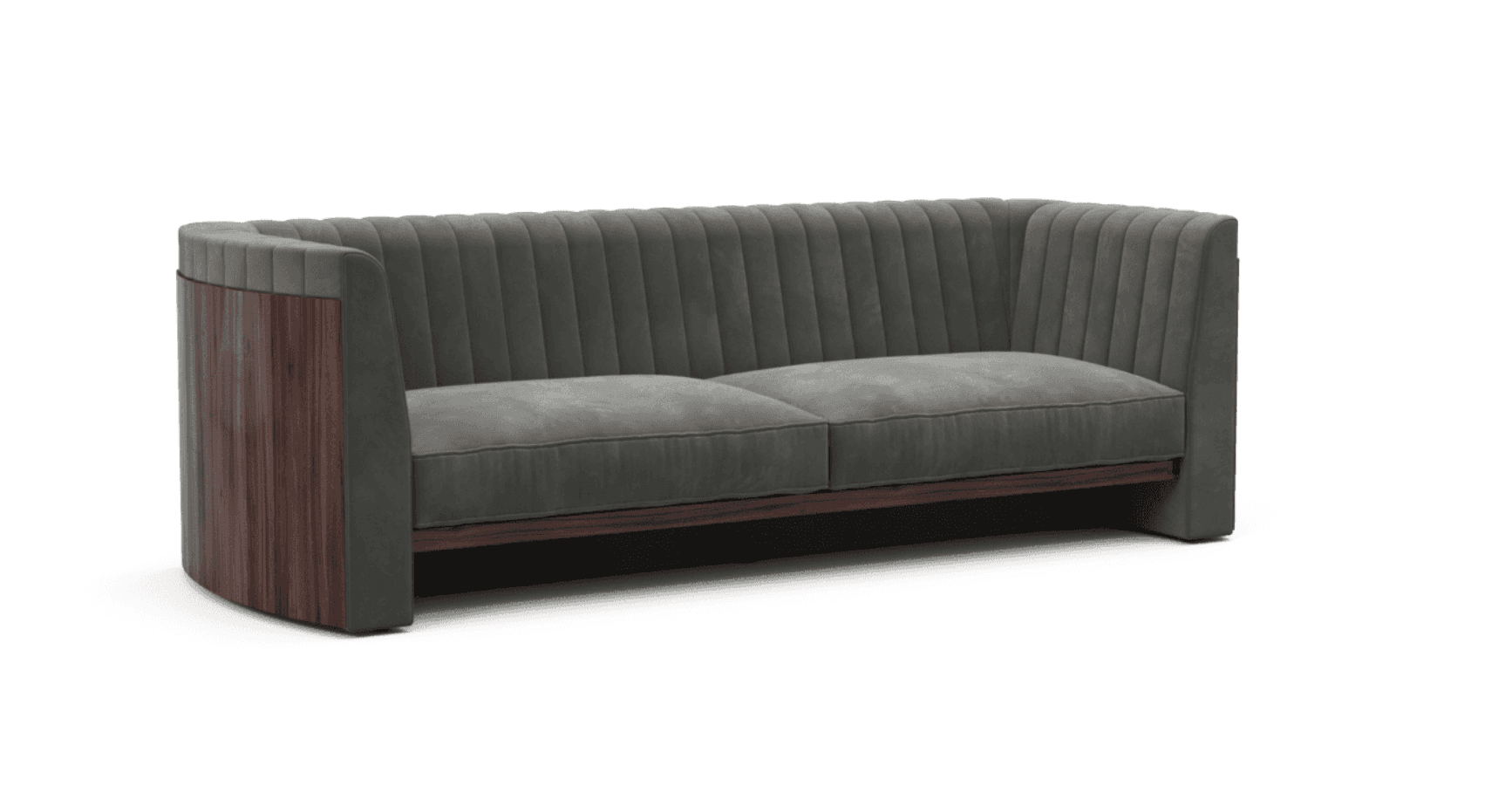 A modern sofa with a channeled backrest and seat cushions. The sofa features curved side panels with a wood veneer. — 3D model
