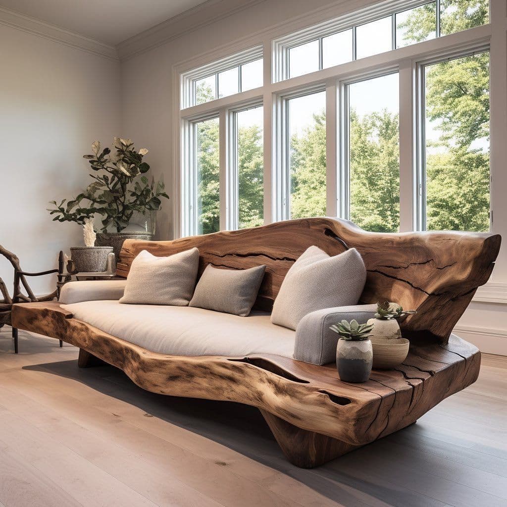 A unique, organically shaped sofa featuring a live-edge natural wood frame, likely from a single large slab, with prominent grain patterns, knots, and natural imperfections. It is fitted with light beige upholstered cushions for the seat and backrest. One end of the wooden frame extends to form a flat, integrated side table, showcasing the raw, natural aesthetic of the wood. Small decorative plants adorn the table surface. The design emphasizes a connection to nature and rustic charm. — 3D model