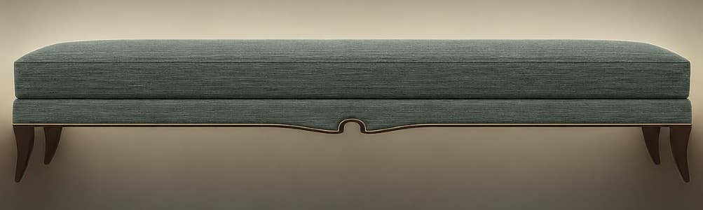 A long, upholstered bench with a textured fabric covering. The bench features a dual-layer cushion design and is supported by four dark wooden legs with a curved, tapering shape. A decorative, thin brass-colored trim runs along the bottom edge of the upholstered body, accentuating a subtle concave curve in the front apron. — 3D model