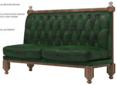 A two-seater upholstered bench featuring a dark green tufted back and seat cushions, set within an ornate carved wooden frame. — 3D model