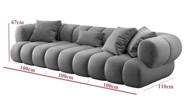 A long, contemporary sofa in a soft grey color, characterized by its distinctive 'bubble' or 'cloud-like' design where the entire body, including the seat, back, and arms, is formed by individual, plush, rounded upholstered sections. It is accompanied by several matching throw pillows. — 3D model
