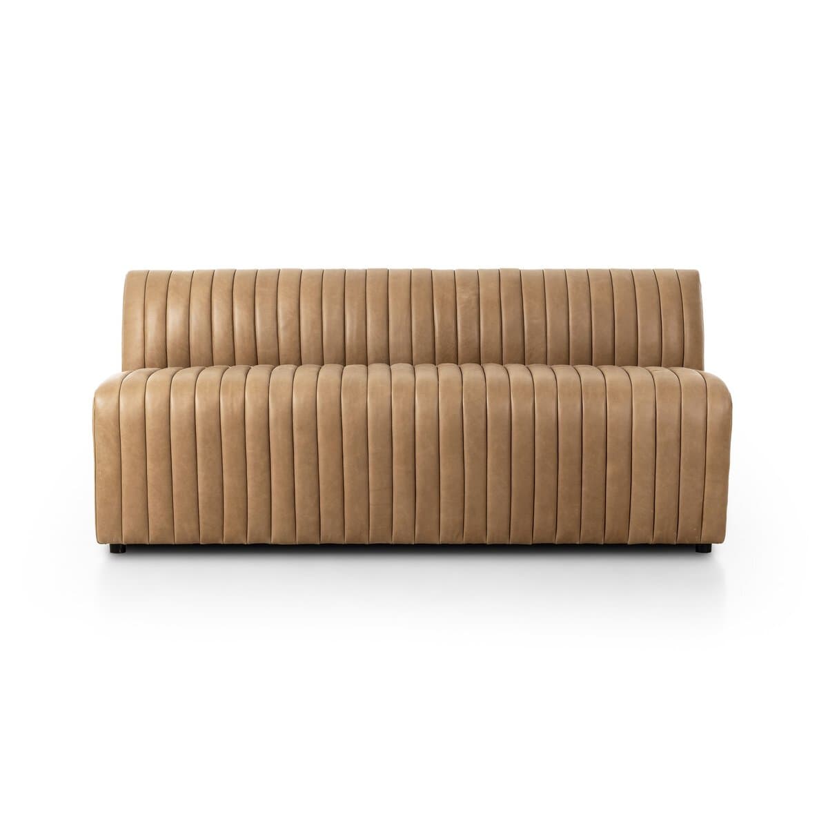 A contemporary armless loveseat featuring vertical channel tufting and upholstered in a tan leather. The design is minimalist with a low-profile backrest and seat. — 3D model