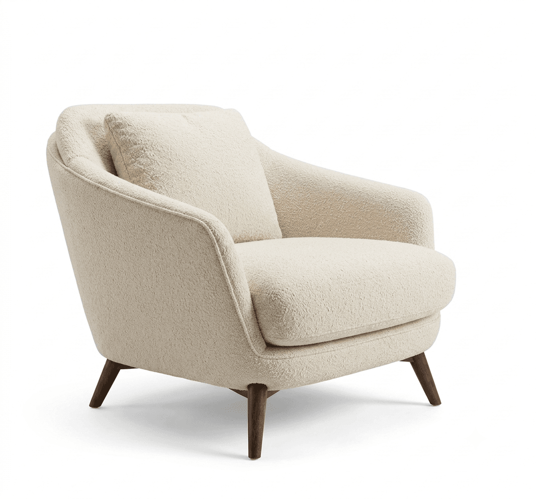 A modern upholstered armchair featuring a plush, textured boucle fabric in an off-white hue, with a generously padded form and dark, tapered wooden legs. — 3D model