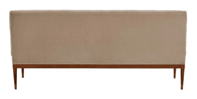 A contemporary sofa with a tufted backrest and a smooth seat cushion. The sofa features a wooden frame with four tapered legs, each accented with a brass cap. The upholstery appears to be a soft, plush fabric. — 3D model
