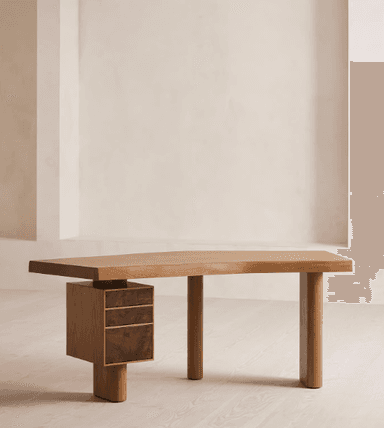 A contemporary desk featuring an irregularly shaped wooden tabletop supported by cylindrical legs and an integrated three-drawer pedestal. The main structure appears to be solid light-toned wood, possibly oak, while the drawer fronts are made from a contrasting darker burl wood veneer, adding a distinctive visual element. The design is minimalist and sculptural. — 3D model