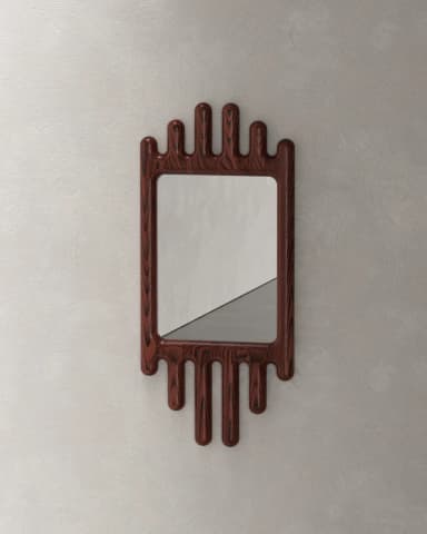 A wall-mounted mirror featuring a rectangular reflective surface encased in a distinctive dark wood frame. The frame exhibits an abstract, organic design with rounded, elongated protrusions extending from its top and bottom edges, reminiscent of dripping or melted material. The wood displays a rich, reddish-brown hue with visible grain patterns. — 3D model